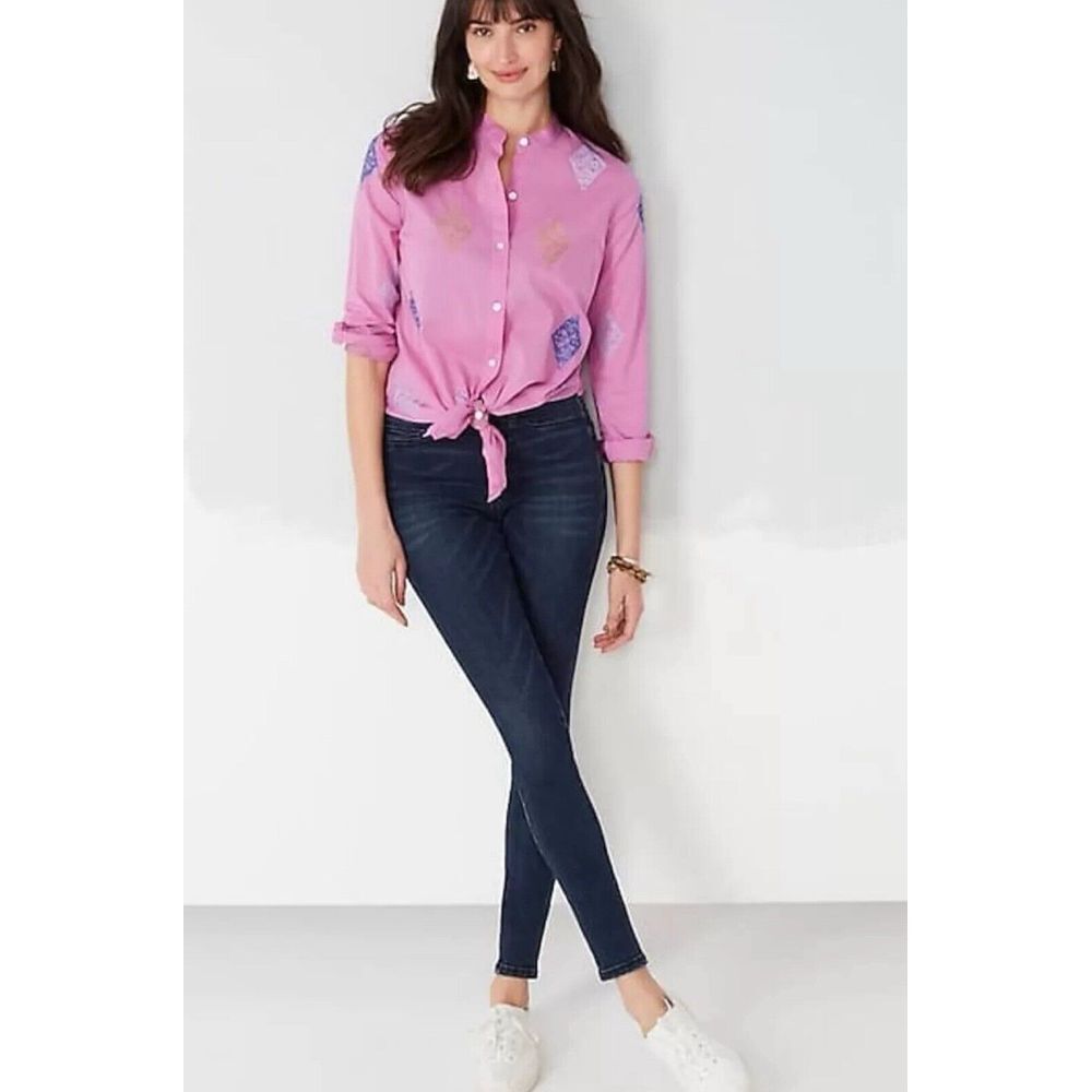 J. Jill Embroidered Blouse Size S Pink Lightweight Tunic Side Slit Long Sleeve